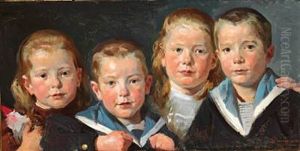 Group Portrait Of The Artist's Four Children Jorgen, Henriette, Mogens And Ingeborg With A Gnome In Her Hand Group Portrait Of The Artist's Four Children Jorgen, Henriette, Mogens And Ingeborg With A Gnome In Her Hand