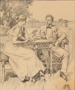 Two Person Portrayals: A Young Couple In A Garden And Two Servants Making A Table Ready (2 Works) by Erik Ludwig Henningsen