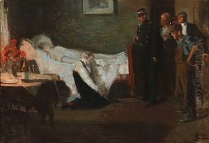 A Man Kneeling By A Woman's Deathbed With A Gun In His Hand