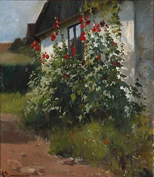 Hollyhocks By A Whitewashed Farmhouse - view 1