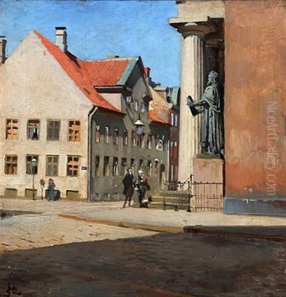 Two Men Admire The Statue Of Moses In Front Of Copenhagen Cathedral - view 1