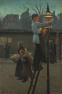 Copenhagen Cityscape With Persons Lighting The Lamp Post by Erik Ludwig Henningsen