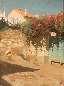 Street Scene From Southern Europe With Colorful Flowers Growing Over A Garden Wall Street Scene From Southern Europe With Colorful Flowers Growing Over A Garden Wall