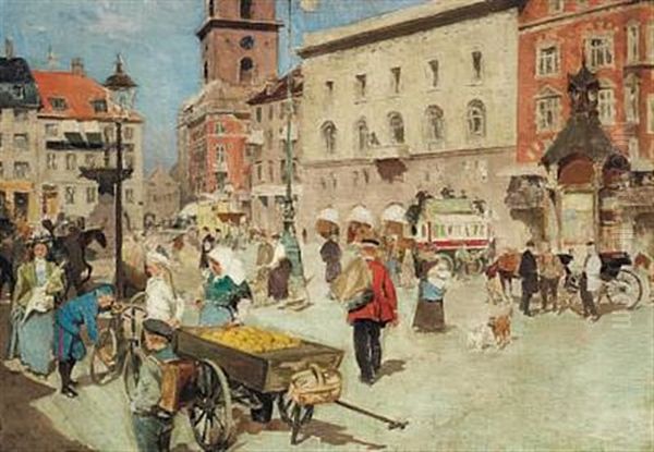 Street Life In Gammel Torv In Copenhagen With A Postman And A Fruit Stall - view 1