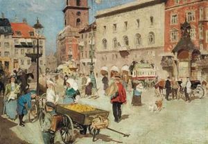 Street Life In Gammel Torv In Copenhagen With A Postman And A Fruit Stall