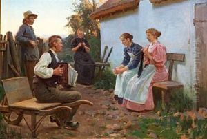 Summer Evening With Young People Listening To A Musician Playing The Accordion