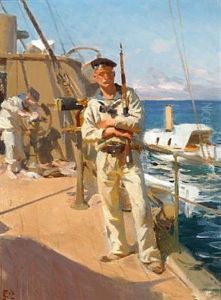 Naval Gunner On Board A Warship by Erik Ludwig Henningsen