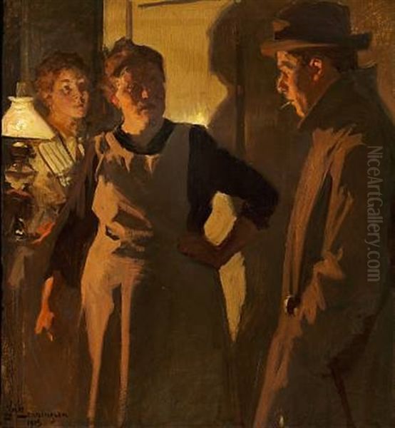 Three People Talking In A Doorway In The Light From A Lamp - view 1