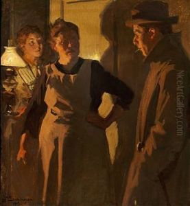 Three People Talking In A Doorway In The Light From A Lamp
