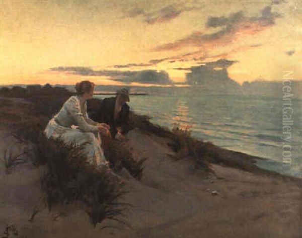 Marie Och P.s. Kr+yer Sittande I Sanddynerna Vid Skagen, Aftonst,mning - view 1