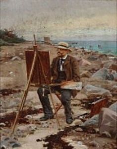 The Danish Painter Carl Bloch Sitting In Front Of His Easel On The Beach Of Hellebaek