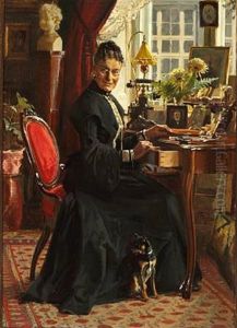 Interior With A Lady At A Writing-table, Presumably Emma Mathilde Hirschsprung, Nee Bing by Frants Peter Didrik Henningsen