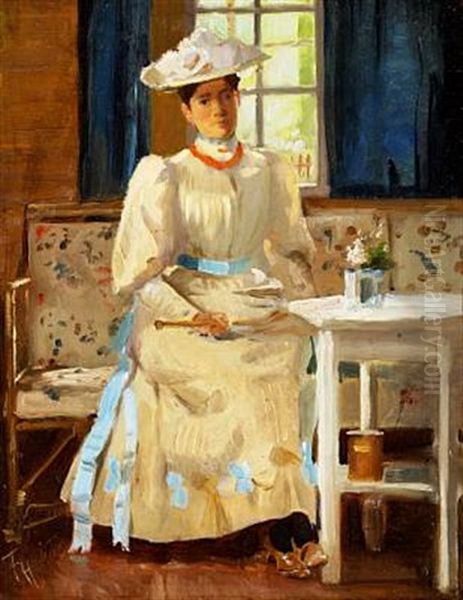 Interior With A Young Woman In A Light Summer Dress And A Large Hat With Flowers - view 1