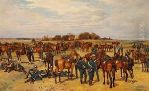Landscape With Dragoons And Their Horses Taking A Rest by Frants Peter Didrik Henningsen