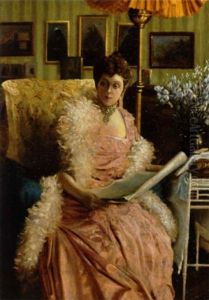 Interior Med Elegant Dame I Lyserod Kjole by Frants Peter Didrik Henningsen