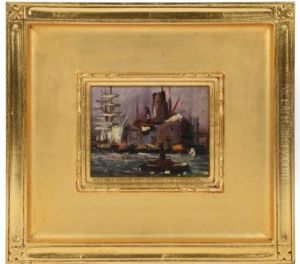Harbor With Sailing Ship, Steamer And Tug Boat by Robert Henri