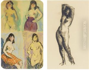 Four Studies Of A Nude, A Technical Study Sheet And Standing Nude: Two Works On Paper
