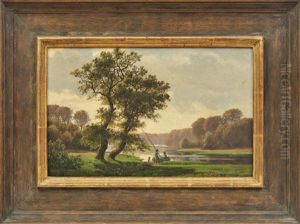 Teichlandschaft Mit Fischerbuben Am Ufer