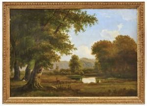 Sommerlandschaft Mit Rehen An Einem Teich