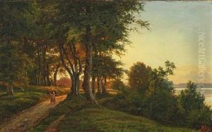 Autumn Forest With Woman On A Path Collecting Firewood