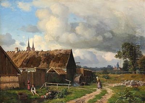 Children Playing Behind The Farm. In The Background Roskilde Cathedral - view 1