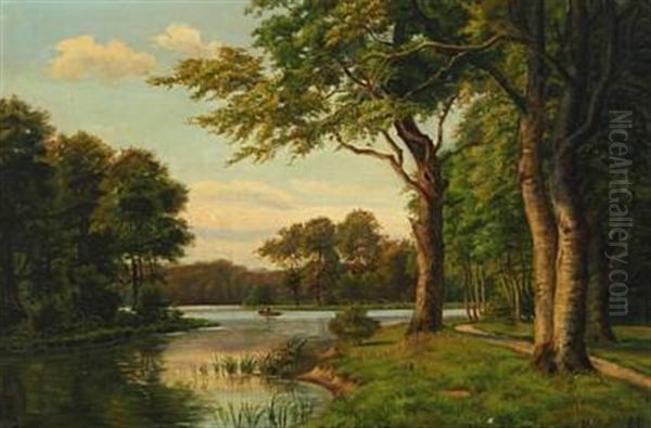 A Danish Summer Landscape With Rowing Boat On A Forest Lake - view 1