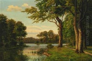 A Danish Summer Landscape With Rowing Boat On A Forest Lake
