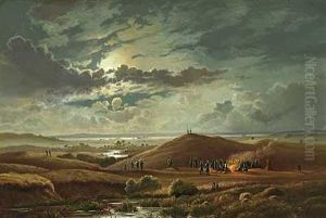 Natlig Scene Med Soldater Omkring Et Bal (fra Krigen I 1864?)