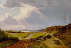 Mor Og Barn Pa Kystvejen Nord For Helsingor, I Baggrunden Kronborg