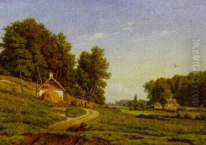 Sommerlandskab Med Huse Og Personer Ved Hulvej