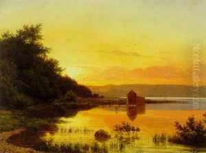 Morgenrode Ved Esrom So Med Kvinde Staende Ved Badebro by Carsten Henrichsen