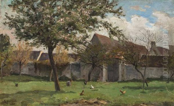 Fruhlingswiese Vor Einem Bauerngehoft Mit Huhnern Und Einem Bluhenden Obstbaum - view 1