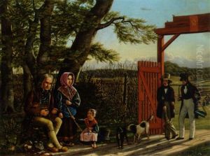 En Blind Spillemand Med Sine Born Ved Indkorslen Til Dyrehaven. I Baggrunden Et Par Unge Kunstnere