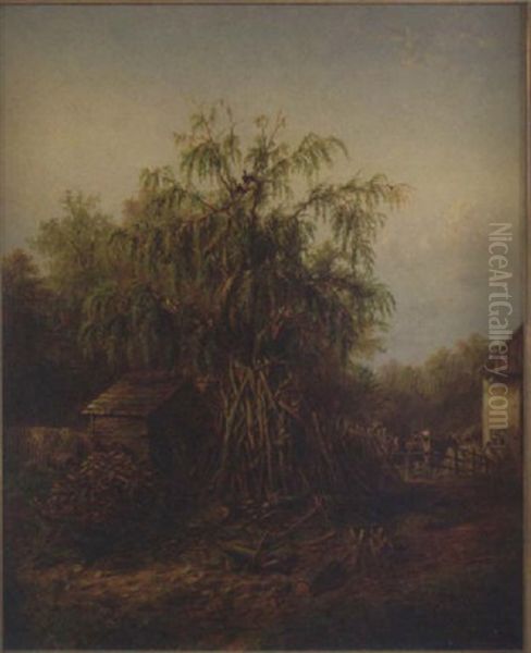 Southern Barnyard Landscape With Central Trees, Chickens, Roosters And Buildings - view 1