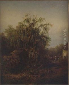 Southern Barnyard Landscape With Central Trees, Chickens, Roosters And Buildings by Edward Lamson Henry