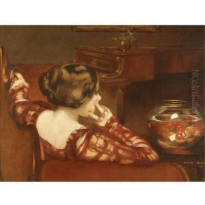 A Girl Seated By A Bowl Of Goldfish
