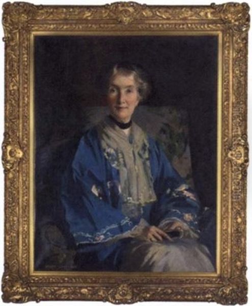 Portrait Of Mrs. Agnes Innes, Nee Barlow, In A Blue Embroidered Kimono, Holding A Fan - view 1