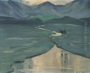 Winding River With Horse And Figure And Mountains Beyond Winding River With Horse And Figure And Mountains Beyond