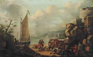 Stevedores Unloading A Ship And Other Figures On A Rocky Coastline, A Town Beyond