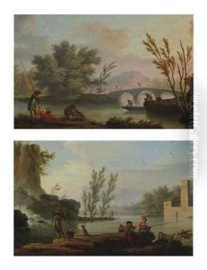 Pecheurs Pres D'une Cascade Et Pecheurs Pres D'un Pont (pair)