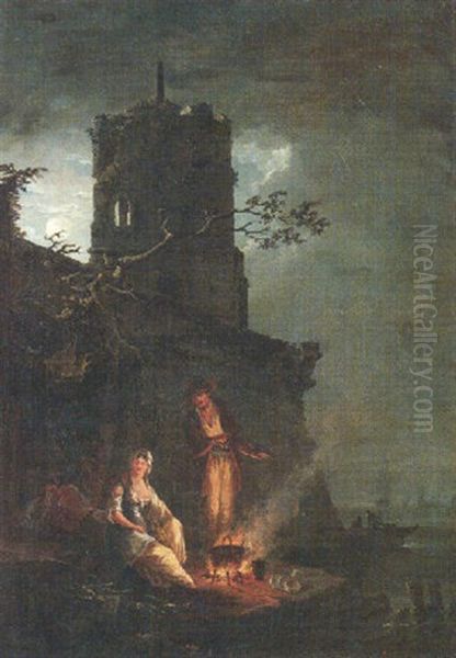 A Moonlit Coastal Landscape With Figures Resting Beside A Fire - view 1
