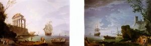 Scene Of Imaginary Port Depicting Morning & Scene Of Imaginary Port Depicting Evening by Jean d'Arles Henry
