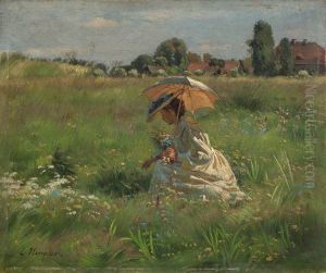 Blumen Pfluckende Frau Mit Sonnenschirm (vergissmeinnicht) by Ernst Henseler