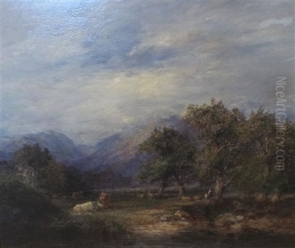 An Extensive Landscape With Cattle, Sheep And Drovers Near Trees - view 1