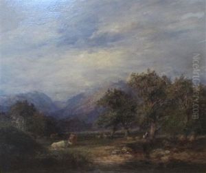 An Extensive Landscape With Cattle, Sheep And Drovers Near Trees by Frederick Henry Henshaw