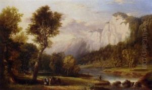 An Angler By A River In A Rocky River Landscape