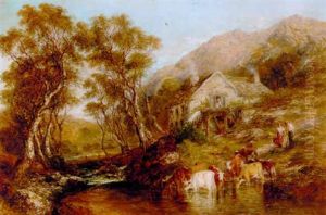 Cattle Watering By A Watermill