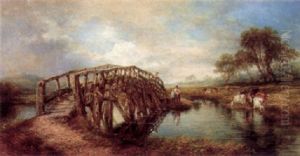 River Landscape With Cattle And Figures By A Bridge by Frederick Henry Henshaw
