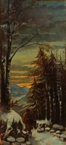 Winter Landscape With Peasant On Horse by Sava Hentia