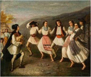 'hora'; A Group Of Six Traditional Romanian Dancers In An Upland Village Scene With Accompanying Musician by Sava Hentia